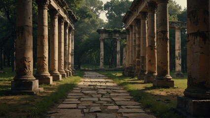 forest walkway with ancient roman columns from Generative AI