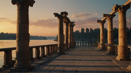 lakeside sunset walkway with ancient roman columns from Generative AI - obrazy, fototapety, plakaty
