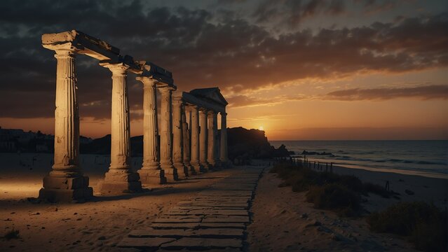 beach sunset walkway with ancient roman columns from Generative AI