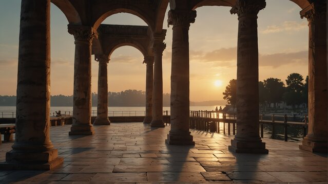 lakeside sunset walkway with ancient roman columns from Generative AI