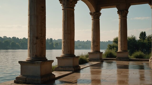 lakeside walkway with ancient roman columns from Generative AI