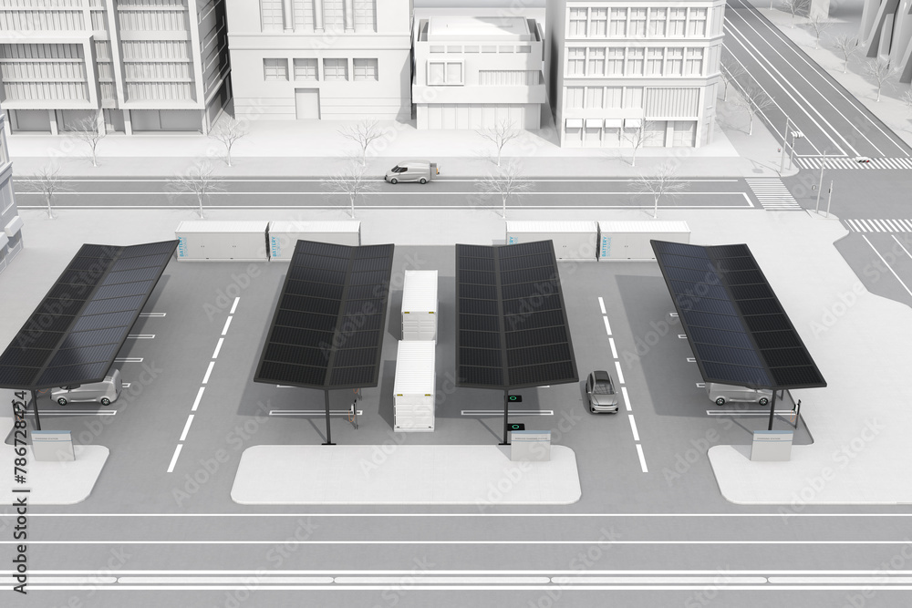 Poster electric vehicle charging station equipped with solar panels and container battery storage. 3d rende