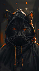Illustration mysterious black cat in hoodie, intense staring, dramatic portrait.