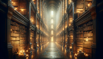 Fototapeta premium Ancient Library with Magical Books and Golden Light - Enchanted Fantasy Scene for Book Cover, 4K Wallpaper