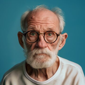 Expressive senior man with sorrowful eyes, wearing a denim shirt, against a blue background, portraying contemplation and depth of character.