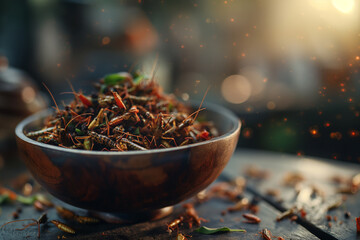 Roasted insects in a wooden bowl - modern source of food protein - 786729072