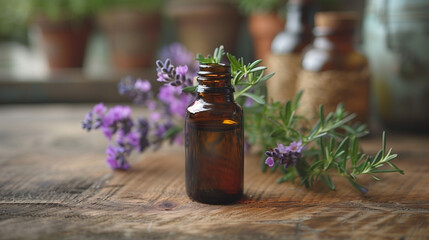 A transparent bottle of essential oil with blooming lavender plant - 786729078
