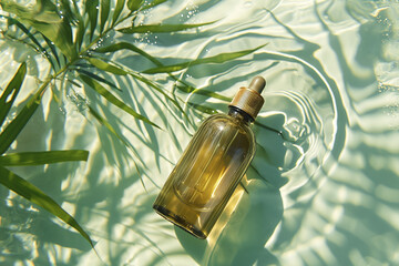 A bottle of aromatherapy essential oil in clean water with tropical palm leaves on a sunny summer day - 786729082