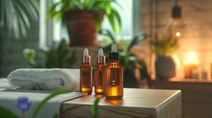 Bottles of aromatherapy essential oil in a cozy modern home with spa accessories like towels - 786729083