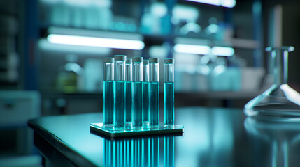Test tubes or vials on a table in a scientific lab. Medical biotechnology research, - 786729085