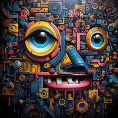 A colorful abstract face made of various mechanical parts with a blue background.