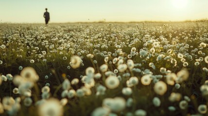 Person in distant field of dandelions during golden hour