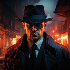 A dark and mysterious man wearing a fedora stands in the rain. He is wearing a suit and tie and has a stern expression on his face. The background is a dark cityscape with a red light shining in the d
