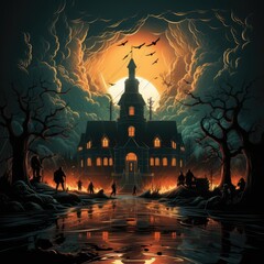 A dark and stormy night. A large, creepy house sits on a hill overlooking a lake. The moon is full and there is a blood-red sky. Zombies are walking towards the house. - obrazy, fototapety, plakaty