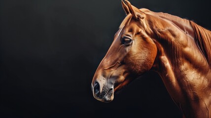 Fototapeta premium Close-up of chestnut horse on dark background, highlighting animal's elegant profile
