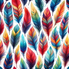 Realistic watercolor feathers set. Watercolor colorful feathers pattern. Hand drawn feathers set. Watercolor feather isolated on white background