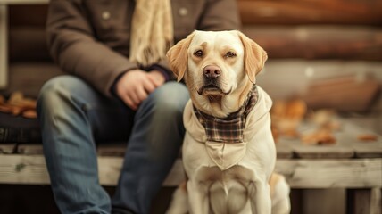 Dog wearing coat sitting next to person on wooden bench