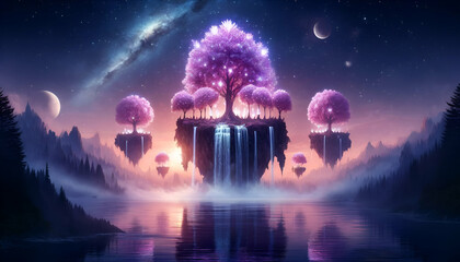 Fototapeta premium Enchanting Twilight Floating Islands with Waterfalls, Mystic Cherry Blossoms, and Celestial Bodies, Fantasy Landscape, Digital Art, Poster Design, Surreal Scenery, Wall Art, 4K Wallpaper, Frame TV Art
