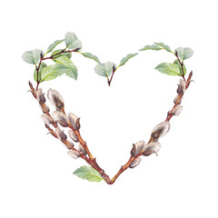 Watercolor heart wreath made of twigs willow and green leaves isolated on white background. Hand-drawn frame for spring Easter decor with copy space. Botanical bouquet for wallpaper. Nature clipart