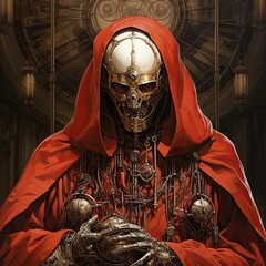 A steampunk pope wearing a red robe with golden mechanical parts