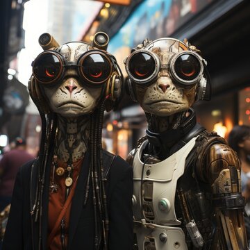 A pair of steampunk cat people wearing goggles and headphones.
