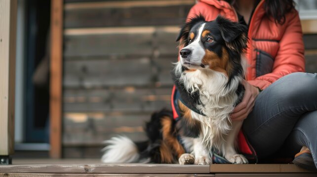 Person with tricolor dog sitting on wooden steps