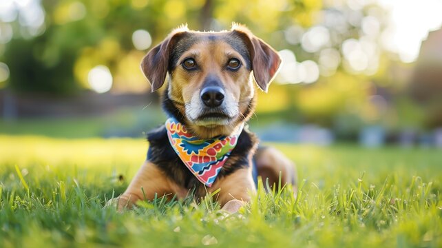 Dog with bandana posing in sunny grass