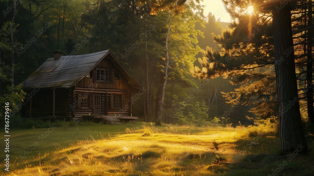 Poster rustic cabin in forest clearing at sunset with warm light filtering through trees