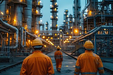 Fototapeta premium An industrial backdrop featuring pipes and machinery serves as the setting for workers donned in high-visibility jackets, helmets, and safety goggles.
