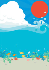 Obraz premium 魚が泳ぐ海と夏の空と太陽のベクターイラスト