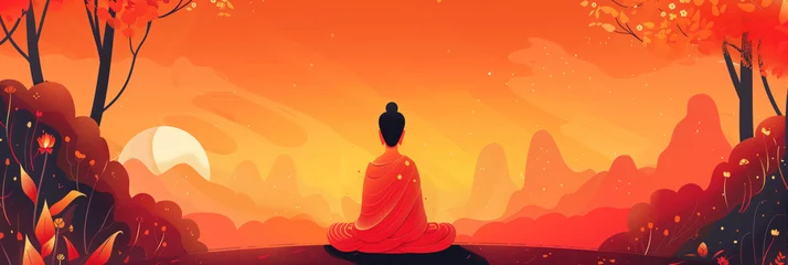 Tuinposter Buddha in lotus position meditation against the backdrop rising sun, rear view. Wide landscape view. Holiday Buddha's Birthday. Buddhist concept. Banner with place for text © ArtMajestic