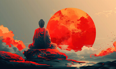 Buddha meditating in lotus position against background of red sun, rear view. Buddha's birthday holiday. Natural landscape. Buddhism concept