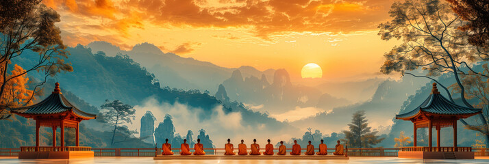 Fototapeta premium Tibetan Buddhist monks sitting in meditation pose at sunset. Twelve Tibetan monks in traditional orange robes sit in row. Wide natural landscape. Banner with place for text