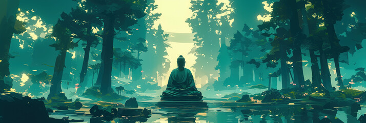 Buddha meditates in the lotus position by river in forest. Abstraction. Holiday Buddha's Birthday. Buddhism concept. Banner with place for text