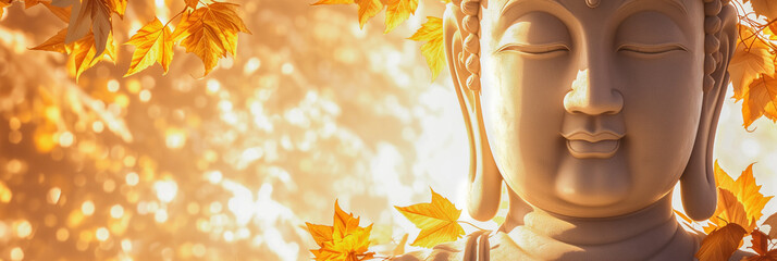 Close-up Buddha's face among leaves gives divine light. Buddha's birthday holiday. Buddhism concept. Banner with place for text
