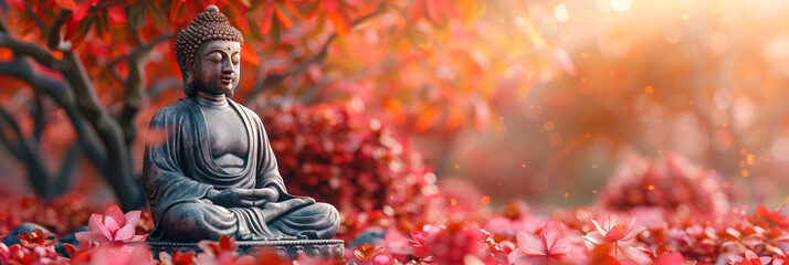 Buddha meditating in lotus position. Life-size Buddha figurine among fallen red leaves. Buddha's birthday holiday. Template for design. Banner with place for text - obrazy, fototapety, plakaty