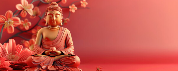 Buddha meditating in lotus position. Life-size figurine of Buddha in pink clothes against background of blooming pink flowers. Buddha's birthday holiday. Banner with place for text