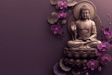 Buddha in meditation pose raised hand up, with purple flowers on purple background. Buddha's birthday holiday. Template for design, place for text. Buddhism concept