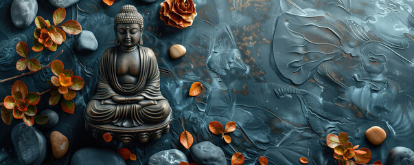 Buddha, flowers and pebbles. Bronze figurine of Buddha in lotus position on a blue marble background. Buddha's birthday. Buddhism concept. Template for design. Banner with place for text - obrazy, fototapety, plakaty