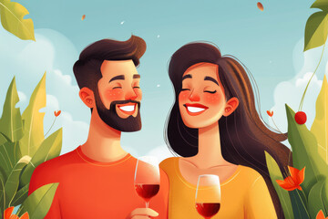 An illustrated image of a happy couple holding wine glasses outdoors.