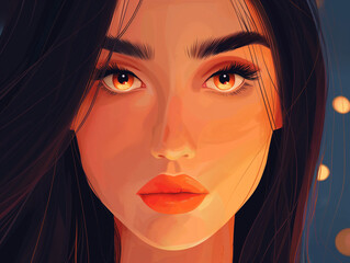 Close-up illustration of a woman with striking features and warm lighting
