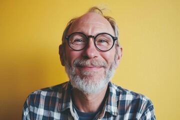 Portrait of senior man with gray beard and glasses on yellow background