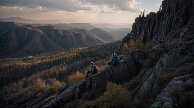 Two hikers sit on the edge of a mountain and admire the sunset