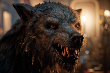 A snarling black wolf with sharp teeth and piercing yellow eyes.