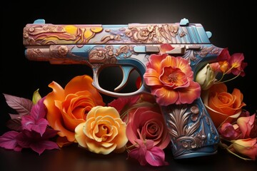 カラフルな花と拳銃,Generative AI AI画像