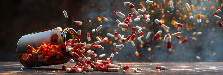 white orange pink pills falling out of a bottle on floor with dark emerald background . - obrazy, fototapety, plakaty