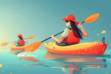 Illustration of two people kayaking on calm waters, one in foreground with red hat.