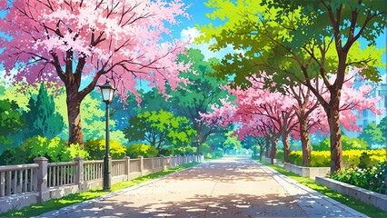 park walkway in spring background from Generative AI