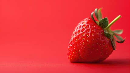 Single ripe strawberry against red background