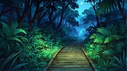 jungle forest walkway at night background from Generative AI